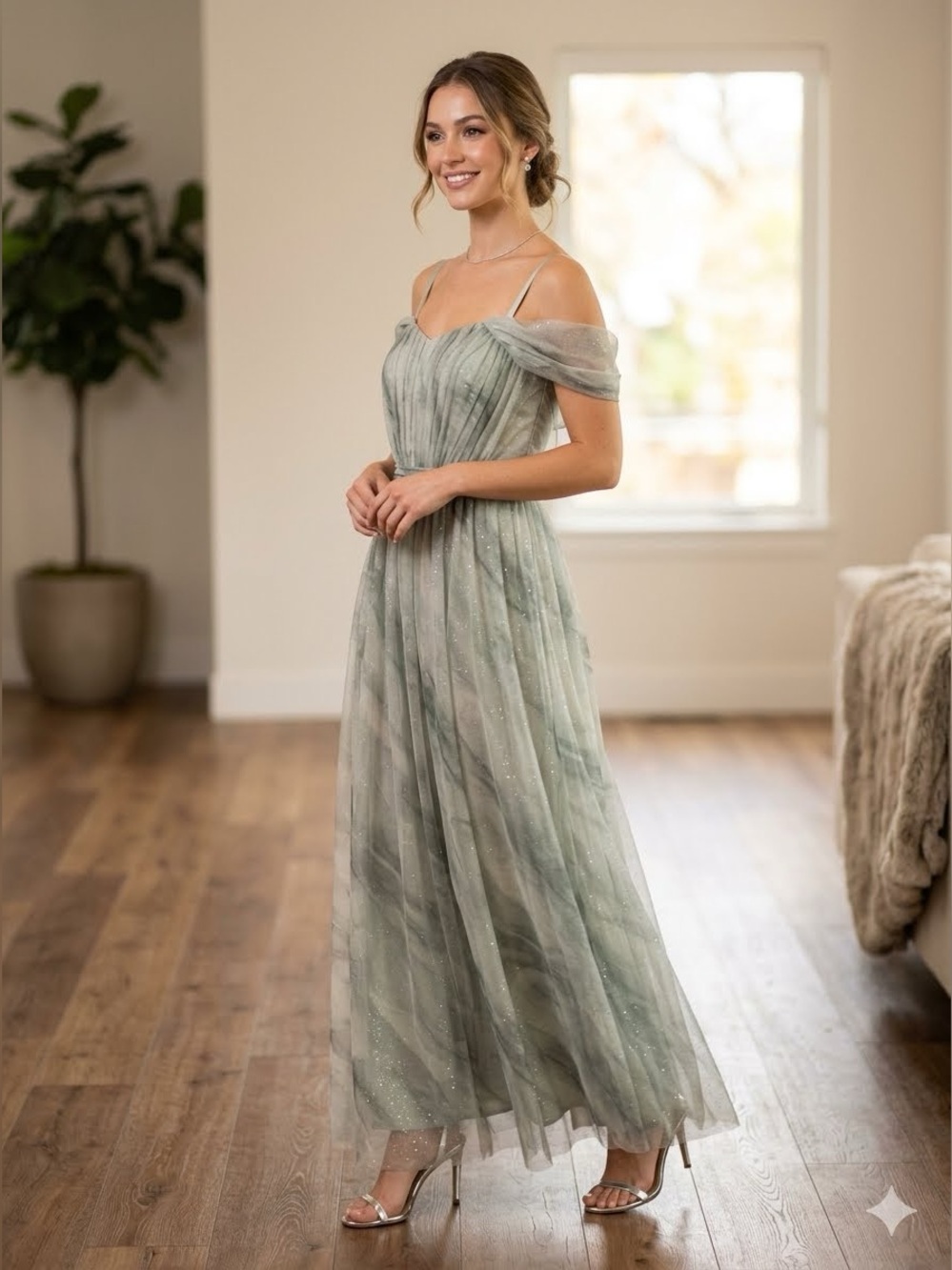 Candalite Off-Shoulder Sage Green Maxi Dress with Tie Waist